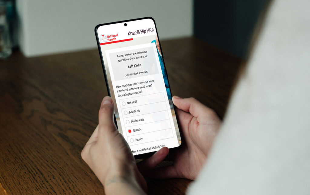patient using their smartphone to complete a knee and hip health risk assessment (HRA)